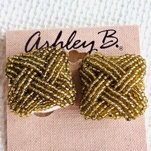 1980s Vintage Ashley B gold beads clip on earrings new on card